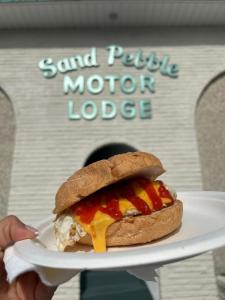 波因特普莱森特海滩Sand Pebble Motor Lodge的夹着三明治的盘子的人