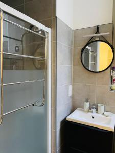 巴涅尔德比戈尔LE CAUBOUS Plein centre T2 calme avec chambre, balcon et cuisine équipée的一间带水槽和镜子的浴室