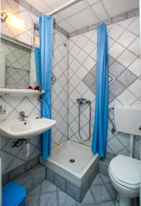 阿斯特里斯Astris Beach的带淋浴、卫生间和盥洗盆的浴室