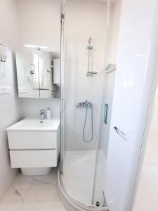 巴斯卡Apartments Alfa的带淋浴和盥洗盆的白色浴室