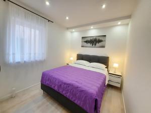 巴斯卡Apartments Alfa的一间卧室设有紫色的床和窗户