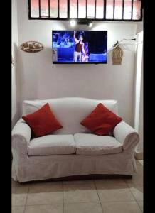 卡塔马卡Bruna Departamentos的白色沙发、红色枕头和墙上的电视