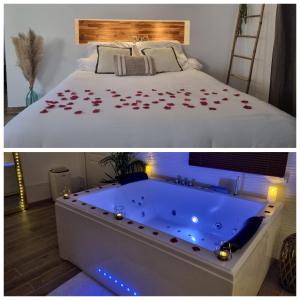 圣普里Levasion romantique loft jacuzzi et jardin privatif à 20 minutes de Paris et 10 minutes Stade de France Wifi Netflix的一间卧室配有一张床和一个热水浴缸