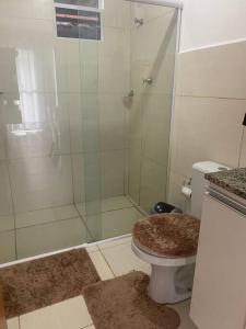 马塞约Casa Aeroporto Maceió Palmeiras的带淋浴和卫生间的浴室以及地毯。