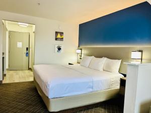 威斯敏斯特Comfort Suites Denver North - Westminster的一张大床,位于酒店带蓝色墙壁的房间里