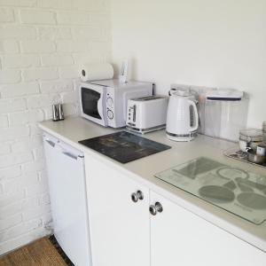 盖尔文Maes Hyfryd的白色的厨房设有台面和微波炉