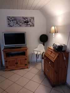 WangelsOstsee-Ferienwohnung-Nautikuss的客厅配有木架上的电视
