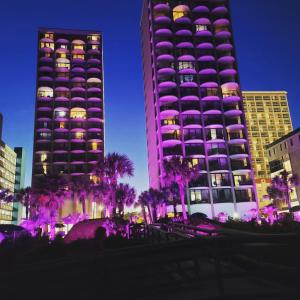默特尔比奇Ocean Front 53 Steps的一座高大的紫色建筑,前面有棕榈树