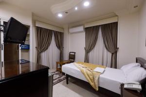 艾斯尤特Badr Hotel Assiut的配有一张床和一台平面电视的酒店客房