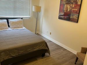 范奈斯2bedroom & 1bath home near Universal Studio & Hollywood的一间卧室配有一张床、一盏灯和一把椅子