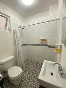 阿瓜斯卡连特斯Hotel Posada Jardín Aguascalientes的白色的浴室设有卫生间和水槽。