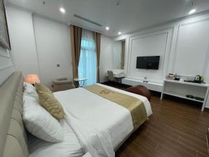 海防Nguyễn Đức DC Hotel & Spa的酒店客房设有一张大床和一台电视。