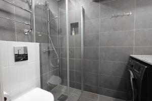 赫尔辛基Urban Oasis - Two Bedrooms - Balcony - Nearby Metro的浴室配有淋浴和卫生间。