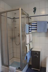 瓦门施泰纳赫Ferienwohnung Werner的浴室提供蓝色和白色毛巾和淋浴。