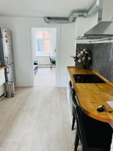 奥胡斯Lovely 1-bedroom condo in Aarhus C的一间厨房,内设木制台面