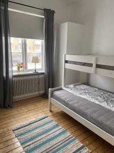 瓦斯泰纳Vadstena Vandrarhem-Hostel的一间卧室配有双层床和窗户。