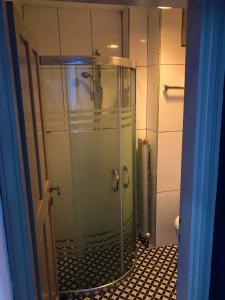 居吕克Urga Butik Otel & Restaurant的浴室里设有玻璃门淋浴