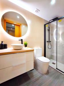 特拉萨Moderno apartamento tipo loft en Terrassa centro的一间带水槽、卫生间和淋浴的浴室