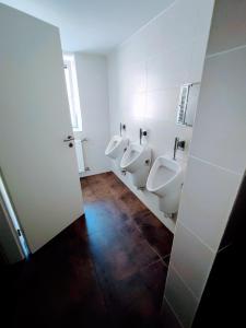 福尔巴赫Room in Guest room - Single room with shared bathroom and kitchen in Forbach的一间带3个小便室和3个卫生间的浴室