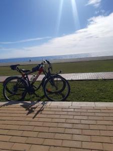 滨海罗克塔斯Apartamentos Roquetas Beach的停在海滩附近的草地上的自行车