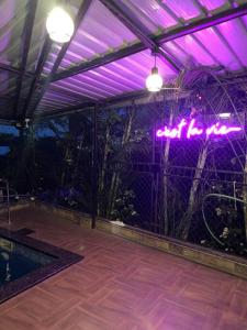 罗纳瓦拉Imagine Harmony的一个带紫色灯和游泳池的庭院