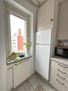 拉赫蒂Bright & Cozy, Renovated Studio in the Lahti Center的厨房配有白色冰箱和窗户。