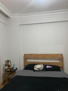 伊斯坦布尔Kiralık的一间卧室配有一张带木制床头板的床