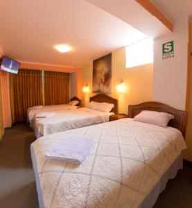 普诺CESAR'S HOTEL PERU的酒店客房设有三张床和电视。