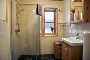 InnsetCabin Huskyfarm Innset的带淋浴和盥洗盆的浴室