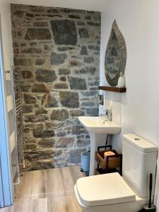 赖厄德Cadwgan House的浴室配有白色卫生间和石墙。