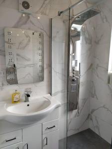 爱丁堡Studio Flat的白色的浴室设有水槽和淋浴。