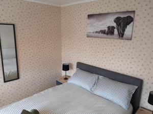 卢顿MossBank House Luton Airport的一间卧室配有一张床,并展示了大象的照片