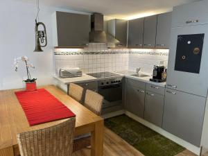 萨尔茨堡城市中心公寓的厨房配有红色地毯和木桌