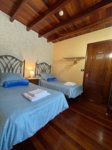 圣地亚哥－德孔波斯特拉Casa de Costoia的一间卧室设有两张床,铺有木地板