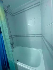 艾姆布里亚布拉瓦Vamos a PERTE DE VUE Linge de maison fournie的浴室设有白色浴缸,配有蓝色的浴帘