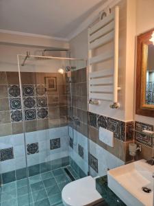 布雷亚扎CASA IANUȘ的带淋浴、卫生间和盥洗盆的浴室
