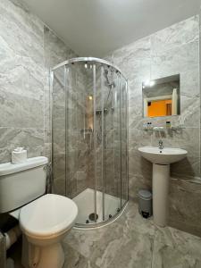 都柏林滑铁卢酒店的带淋浴、卫生间和盥洗盆的浴室