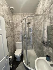 马盖特Modern Sea View Apartment的带淋浴、卫生间和盥洗盆的浴室