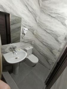 塔什干SAFAR hotel的一间带水槽、卫生间和镜子的浴室