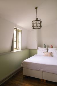 埃特勒塔Les Tilleuls Etretat的一间卧室设有一张床、一个窗户和一个吊灯。