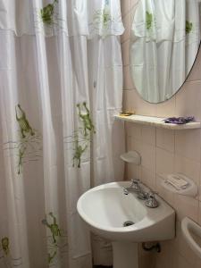 门多萨HOTEL EXPRESS MENDOZA的浴室设有水槽和布满植物的浴帘。