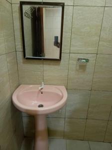 VoiOasis Hotel and Guest House. Voi的浴室设有粉红色的盥洗盆和镜子