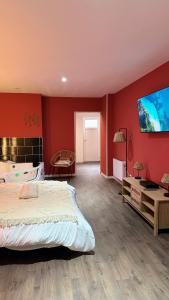 图尔昆Balnéo Blanche Porte的一间卧室配有一张大床和一台平面电视
