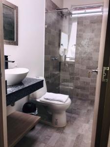 里奥内格罗Hotel & Golf Isak Aeropuerto的浴室配有卫生间、盥洗盆和淋浴。