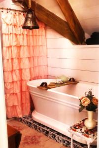 拿骚Its Day One I Do Bridal Dressing Suite的带淋浴的浴室配有白色浴缸。