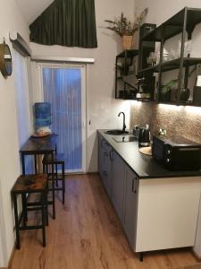 科尔卡Austrumi的厨房配有水槽、桌子和台面