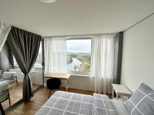诺伊豪森3.5Room@MydiHei Apartments的一间卧室设有一张床和一个大窗户