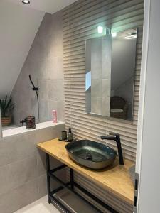 佐洛埃格塞格Hotello Apartmanház és Panzió的一间带水槽和镜子的浴室