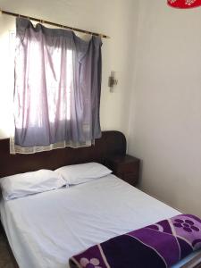 依索安Oceana surf house的一间卧室配有一张带窗户的床和床罩