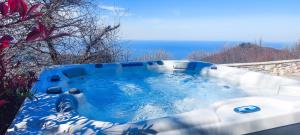 基索斯A Dream Deferred villa Pelion的背景为一个按摩浴缸,享有海景